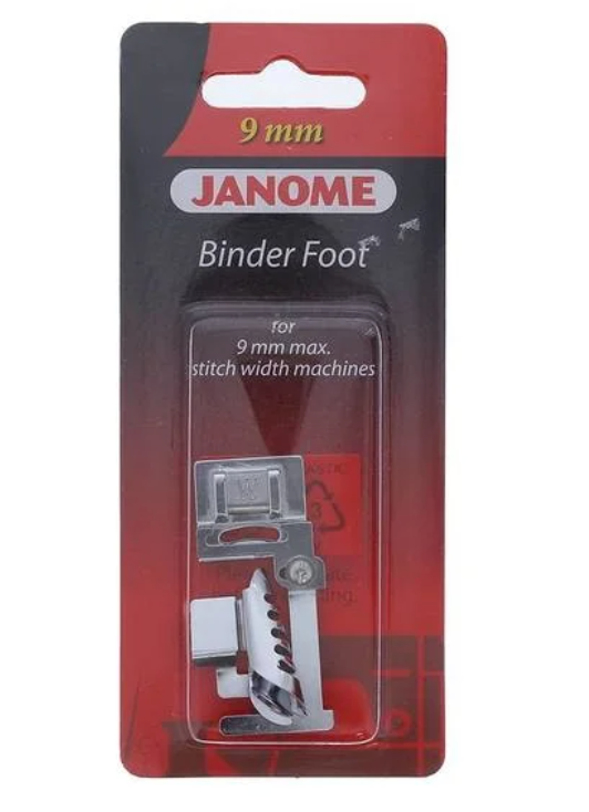 Janome metal bias binder foot for 9mm stitch width sewing machines in its original red packaging.