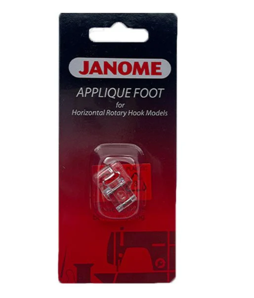 Janome Applique Foot for sewing machines in its original red and black retail packaging.