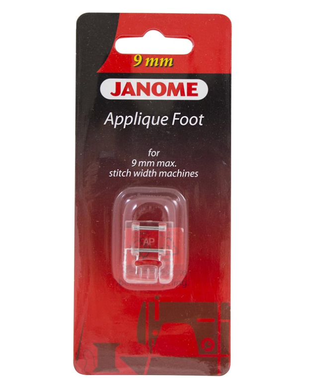 Janome Applique Foot for sewing machines in its red and black retail packaging.