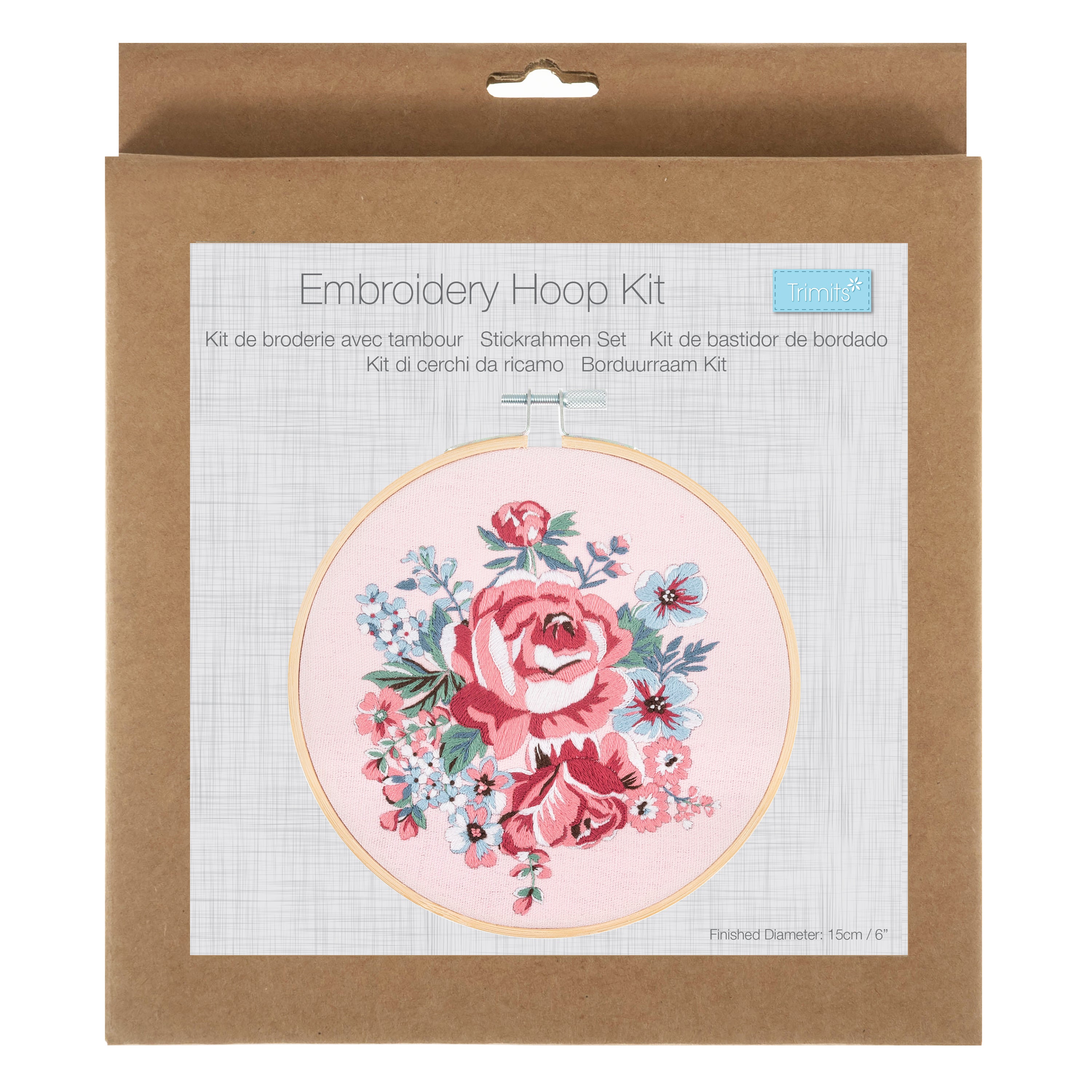 Embroidery kit for a rose blossom design featuring a 15cm bamboo hoop and pre-printed fabric.
