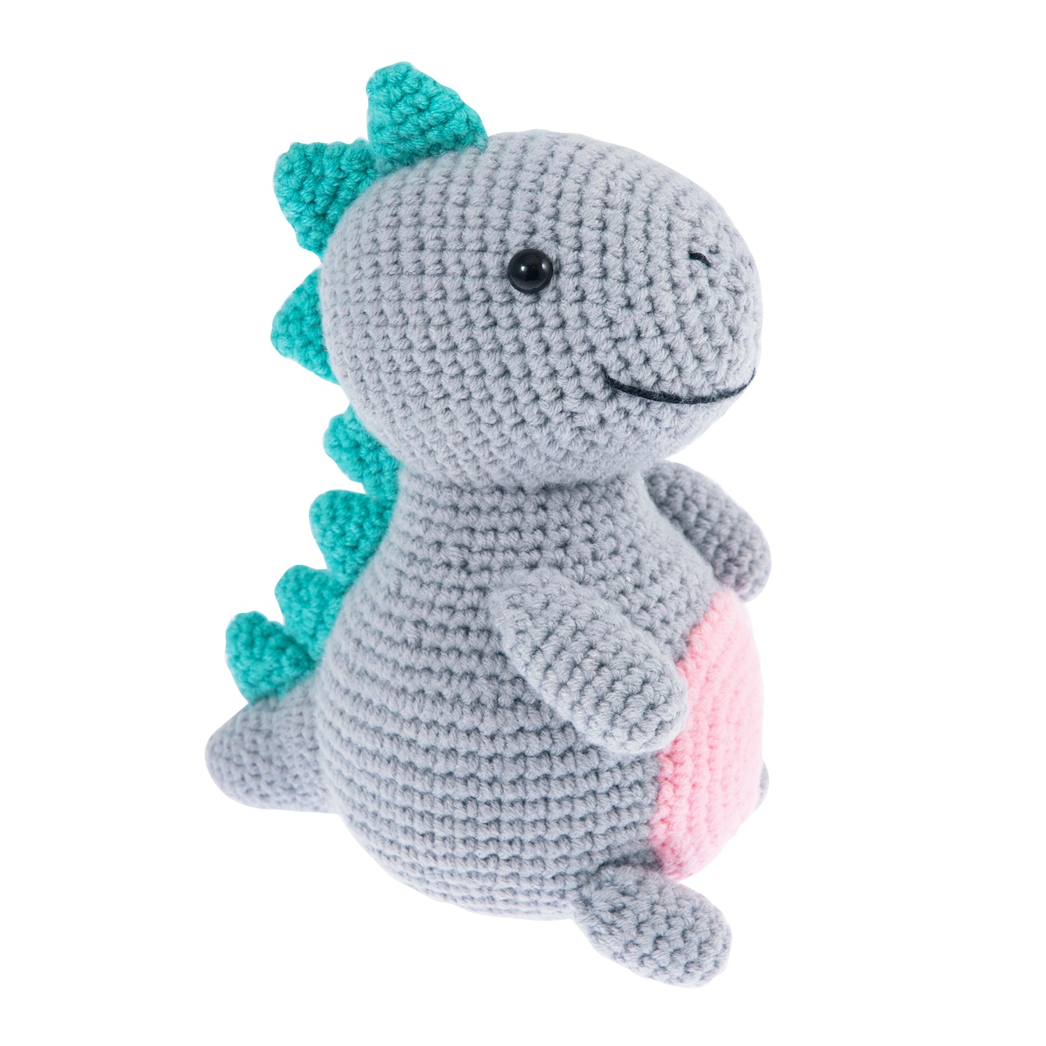 Crochet amigurumi dinosaur in grey with teal spikes and a pink belly.