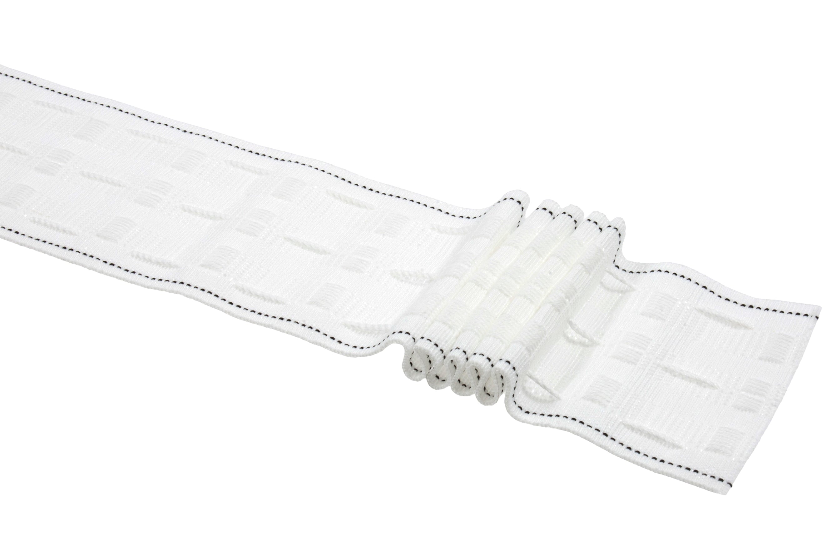 Trimits 76mm white pencil pleat curtain tape with black sewing lines and woven corded pockets.