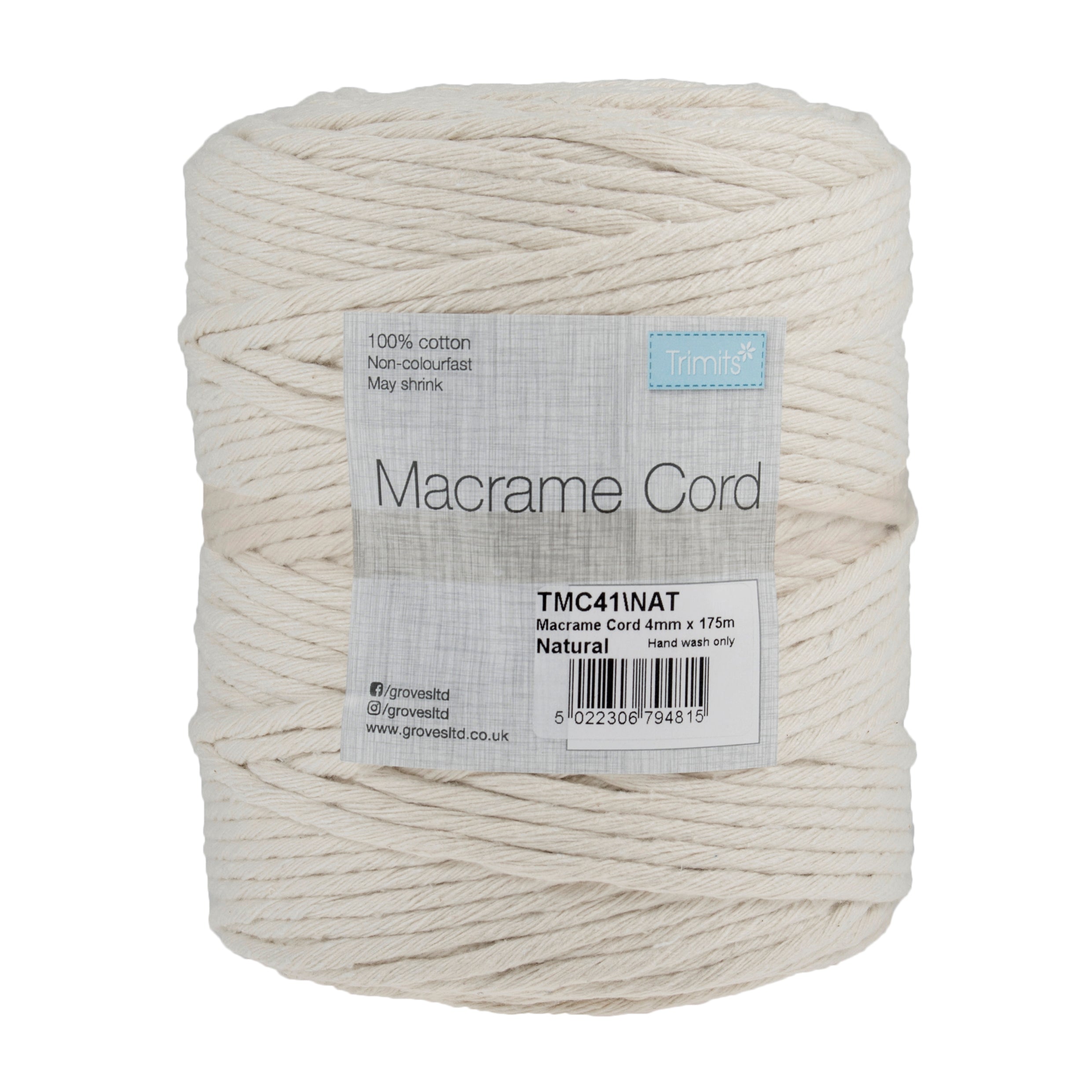 A spool of natural-colored 100% cotton macramé cord with a white and grey product label.