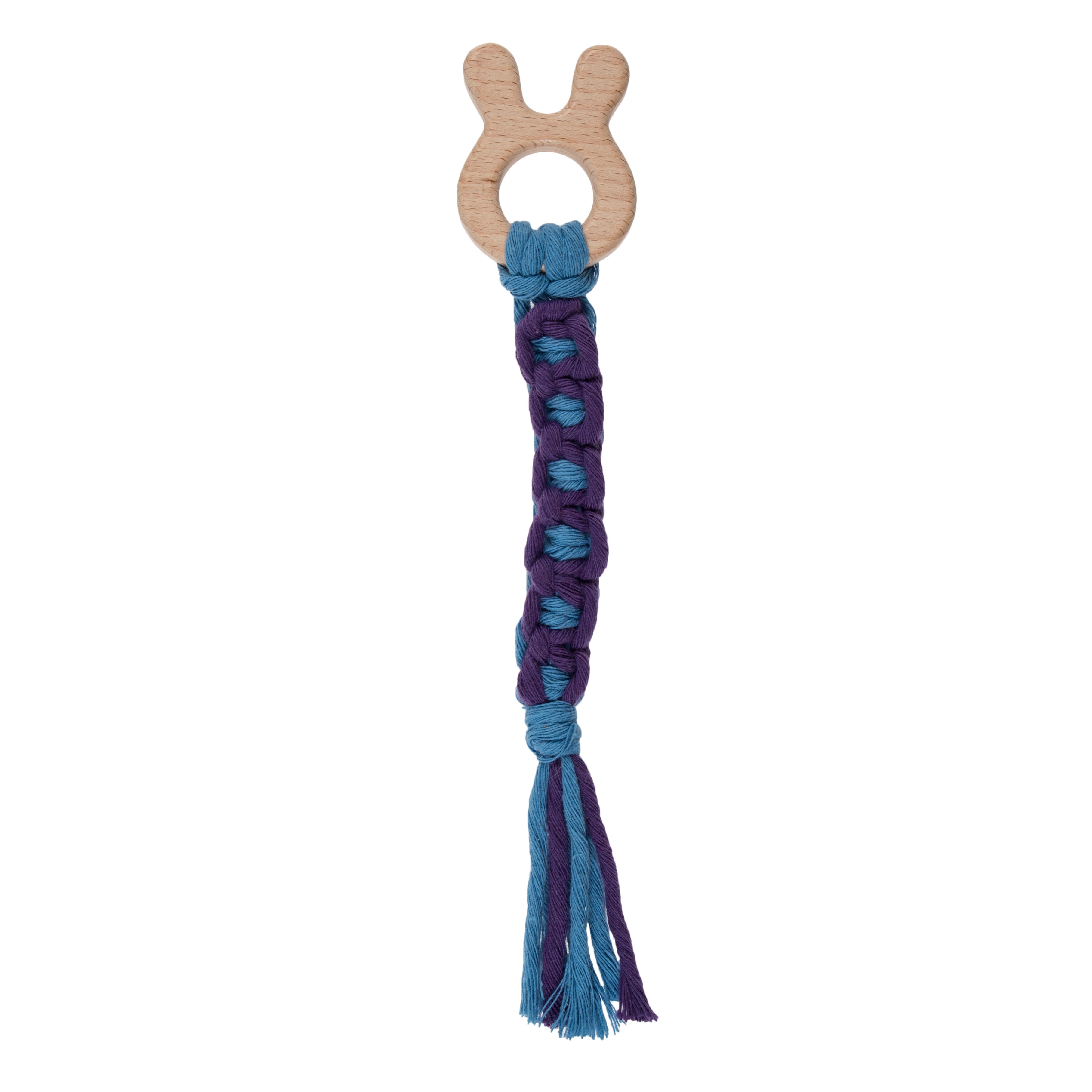 A beech wood rabbit-shaped ring with a blue and purple macrame braided cord and tassel.