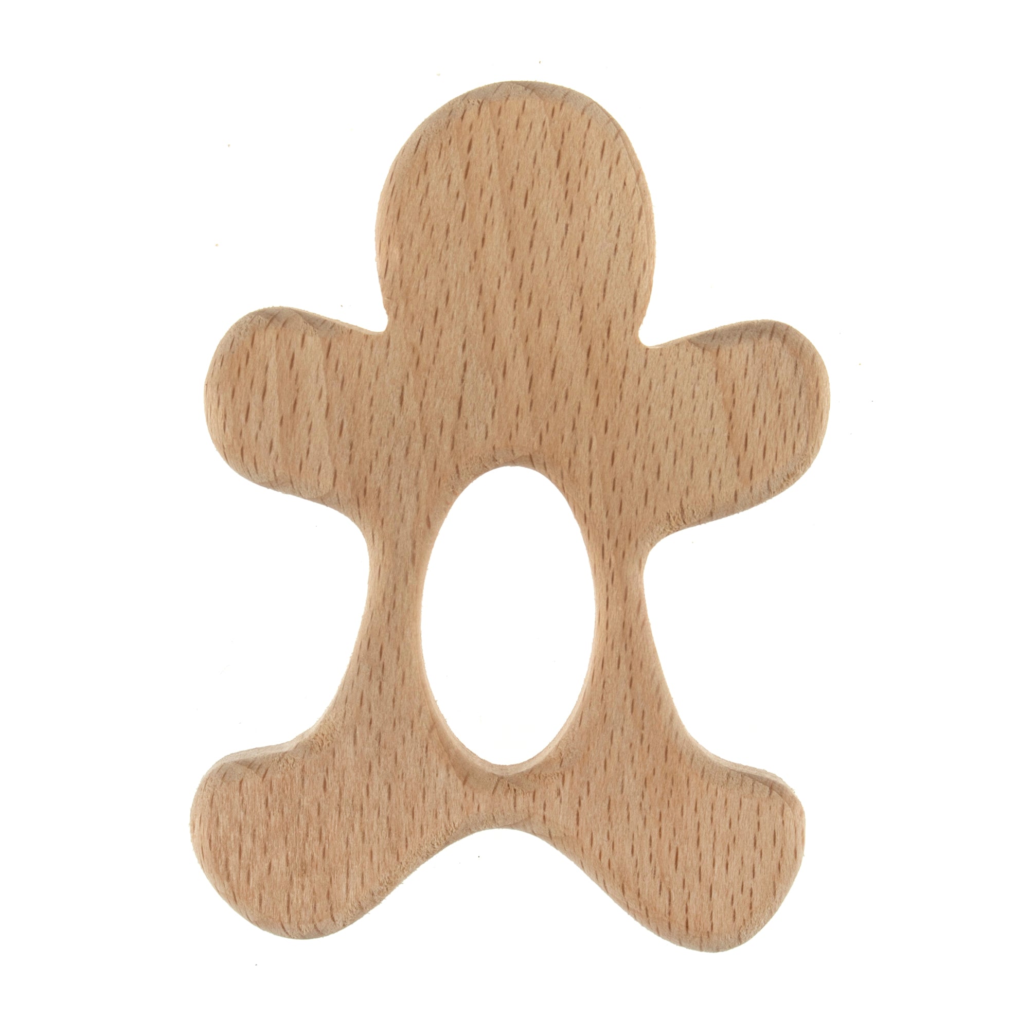 A smooth beech wood macrame craft ring in the shape of a gingerbread man with a central oval cutout.