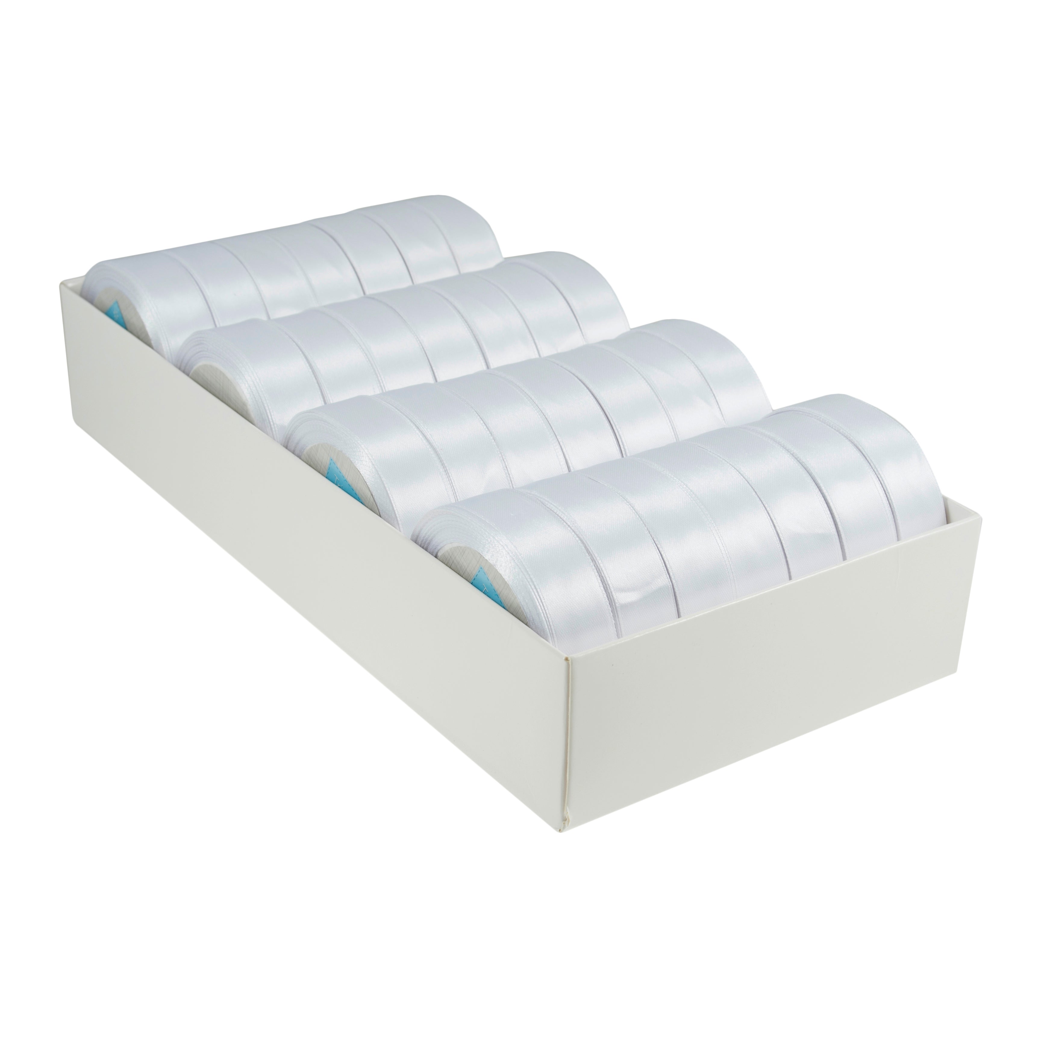 A box containing multiple rolls of 20mm white single-faced satin ribbon.