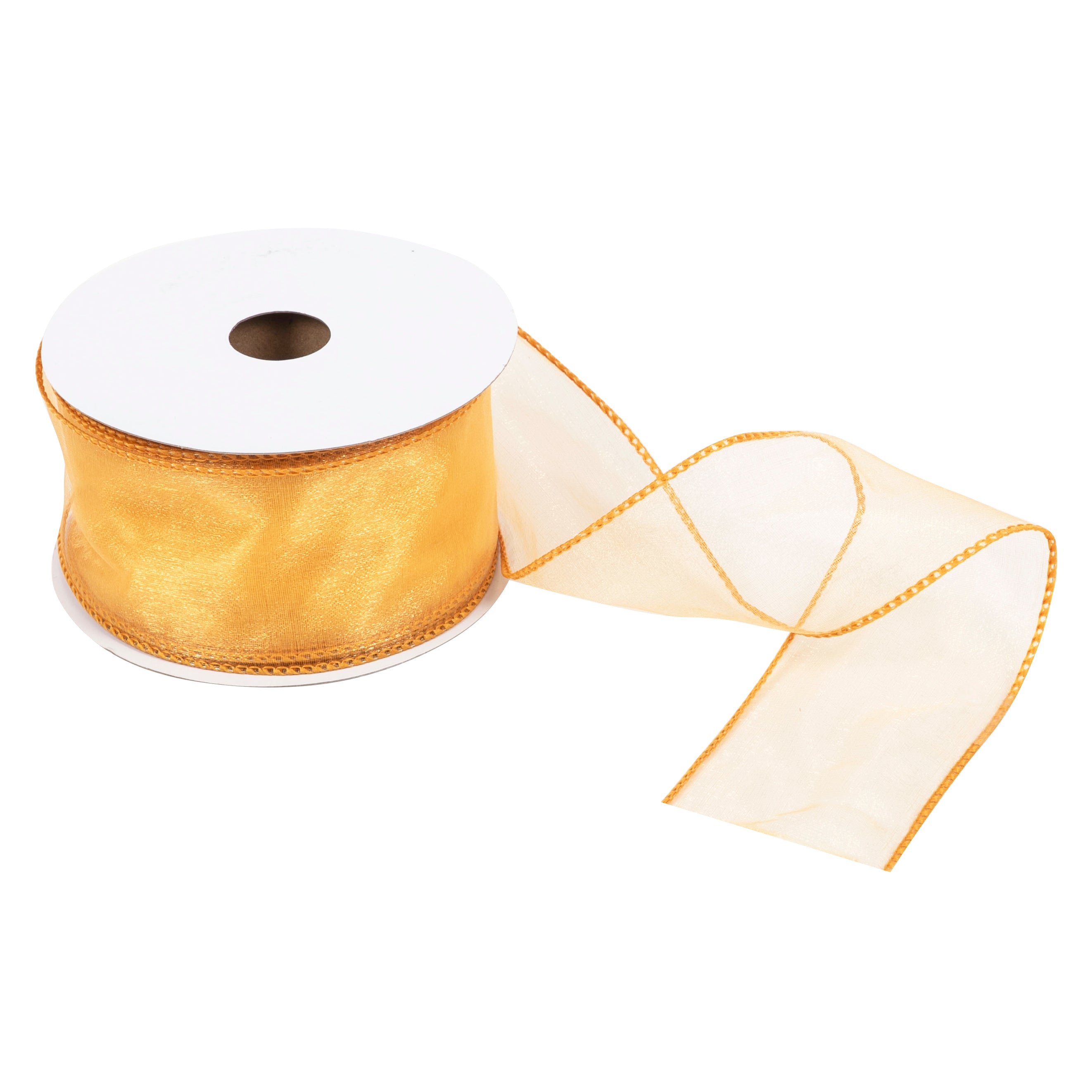 Gold 63mm organza ribbon with wire edges on a white spool.