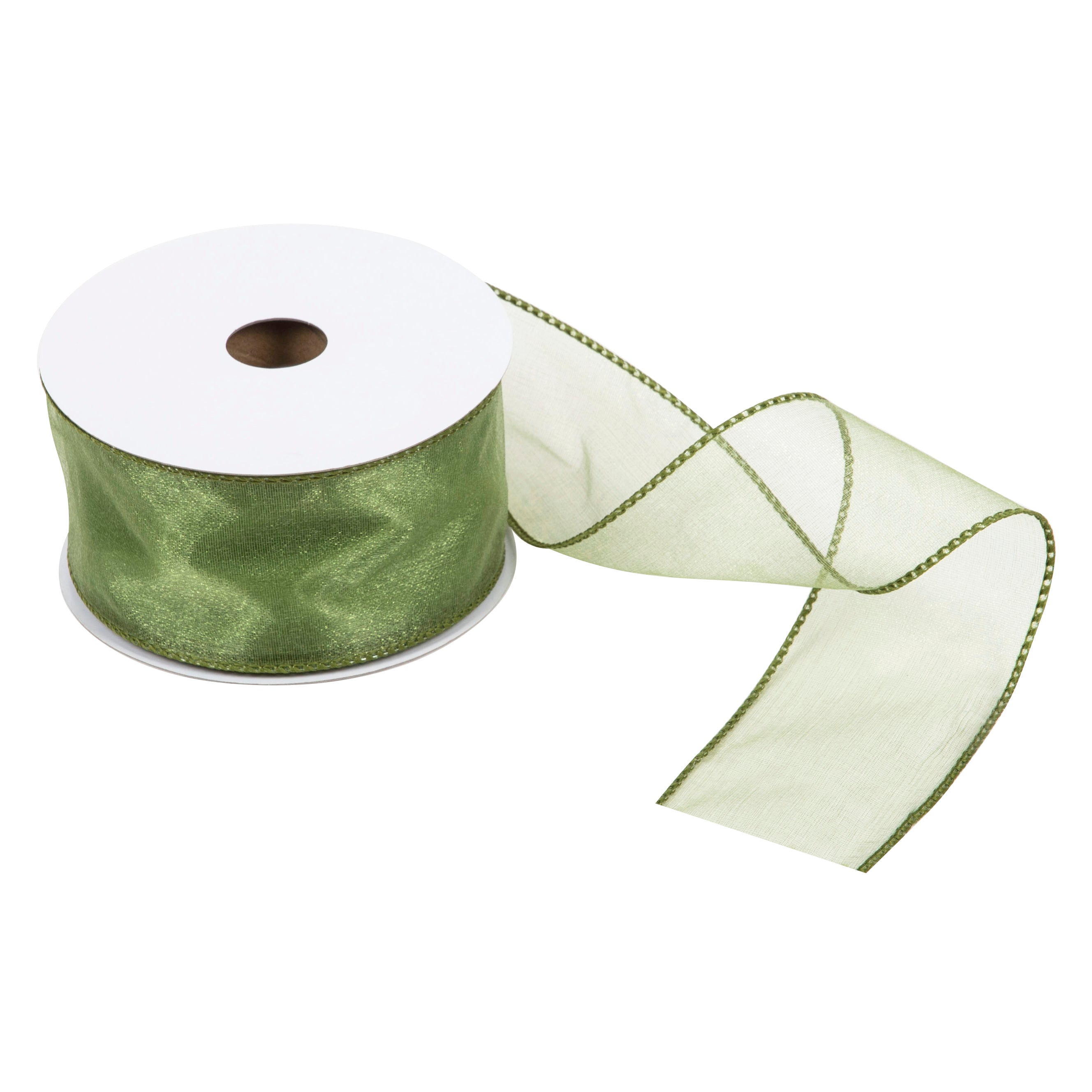 Green 63mm organza ribbon with a wired edge on a white spool.