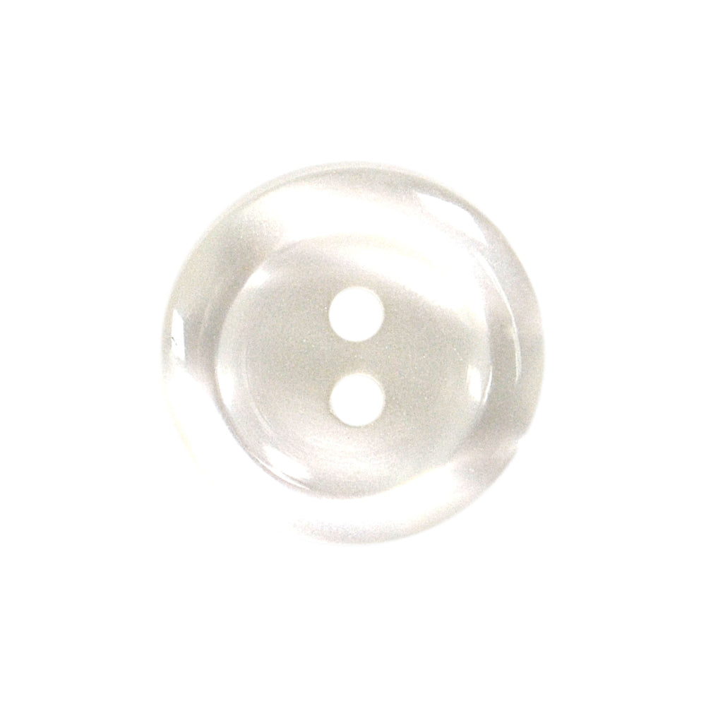 A clear, shiny polyester button with two holes.
