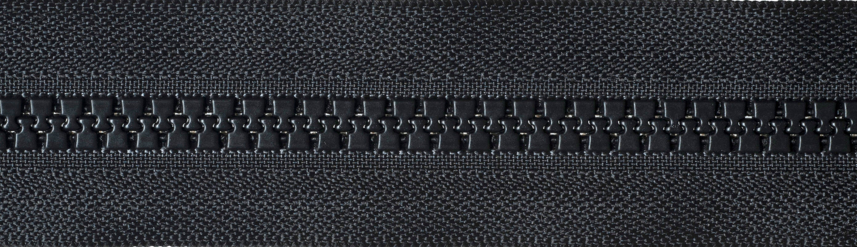 YKK Vislon heavy two-way open end black zipper with plastic teeth.