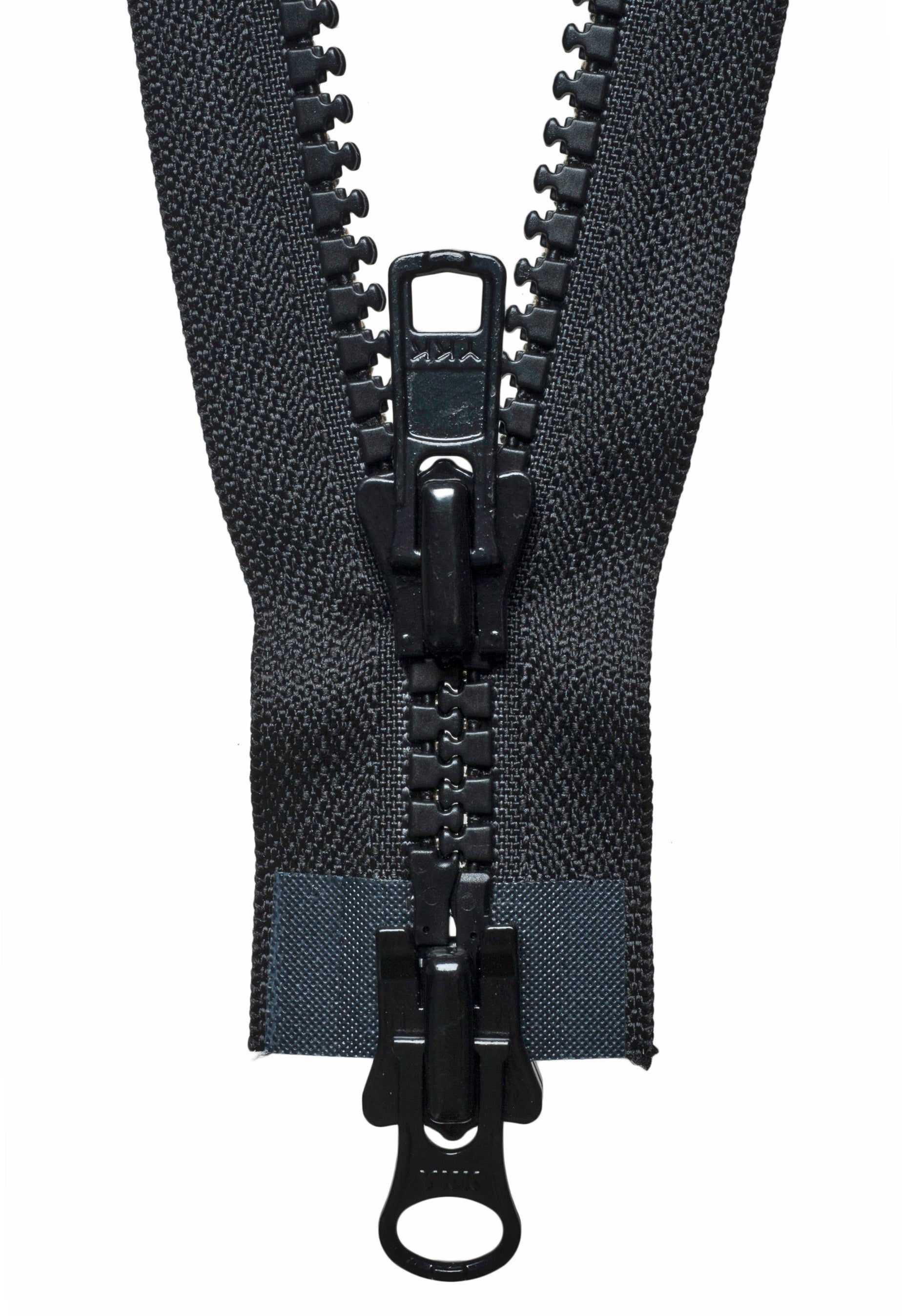 YKK Vislon heavy two-way open end black zipper with plastic teeth.