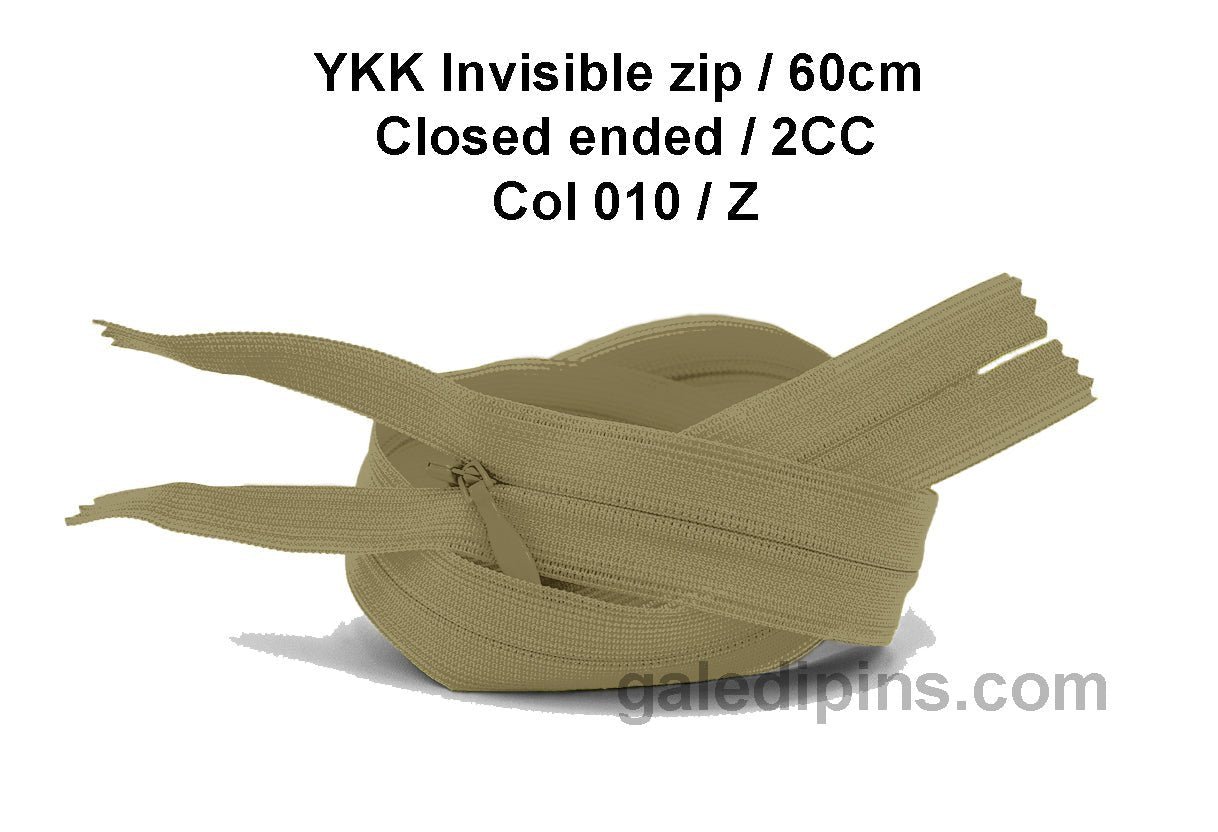 YKK Closed Ended Invisible 60cm Zip, 2cc - SHADE CARD Z to AD - Galedi Pins