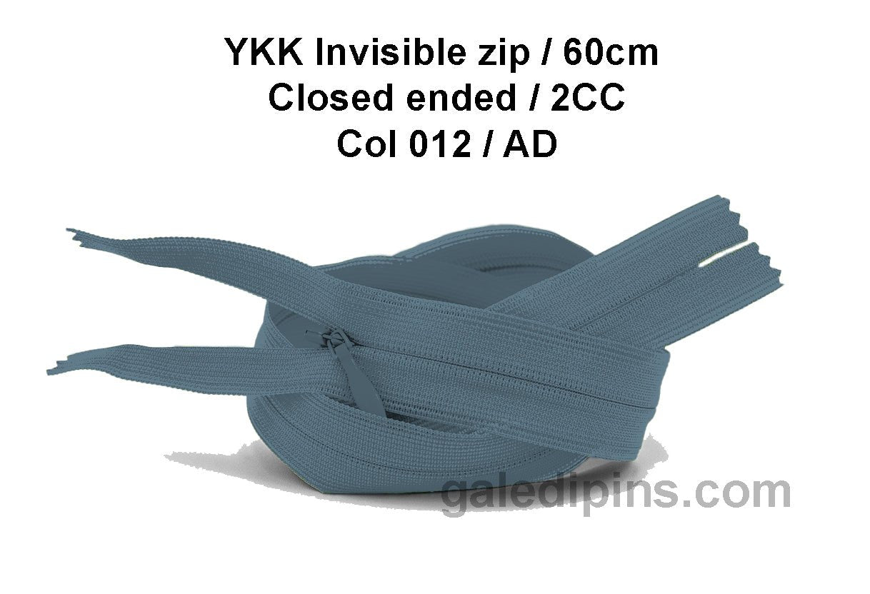 YKK Closed Ended Invisible 60cm Zip, 2cc - SHADE CARD Z to AD - Galedi Pins