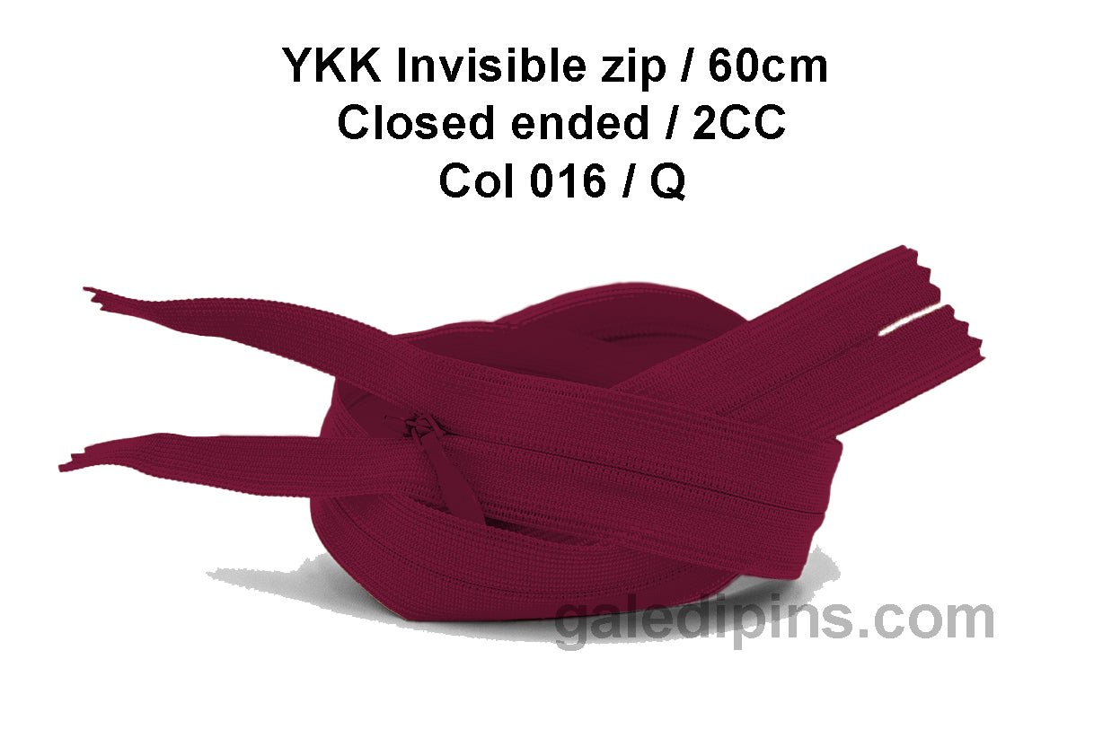 YKK Closed Ended Invisible 60cm Zip, 2cc - SHADE CARD P to T - Galedi Pins