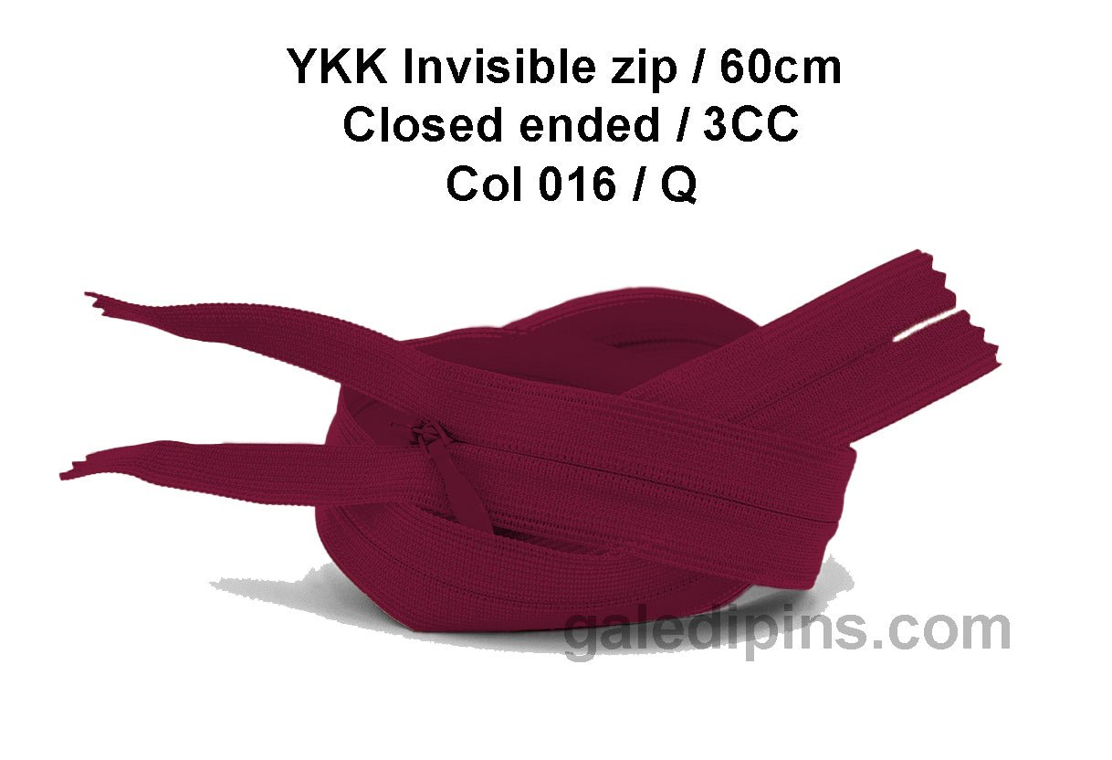 YKK Closed Ended Invisible 60cm Zip, 3cc - SHADE CARD P to T - Galedi Pins