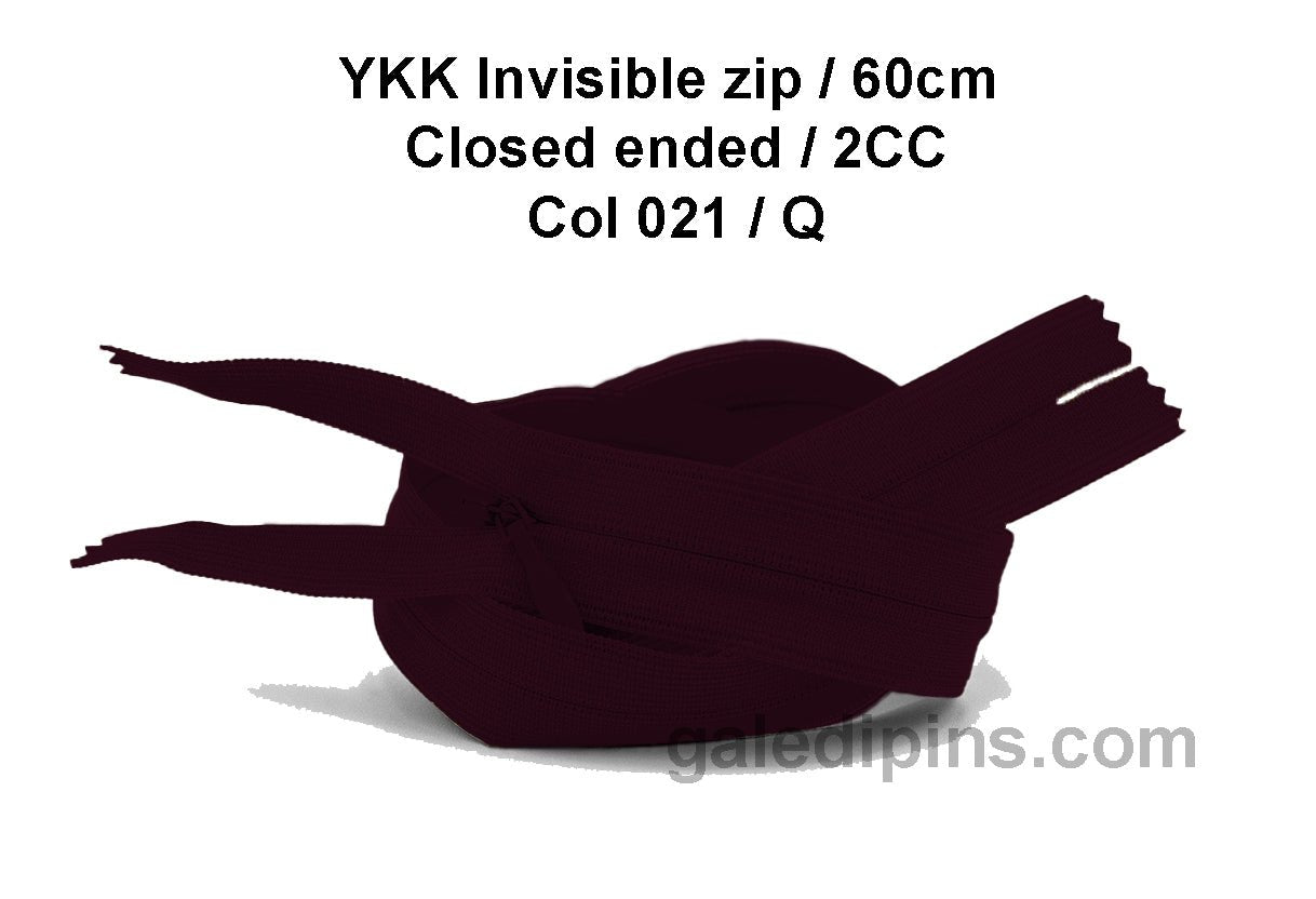 YKK Closed Ended Invisible 60cm Zip, 2cc - SHADE CARD P to T - Galedi Pins