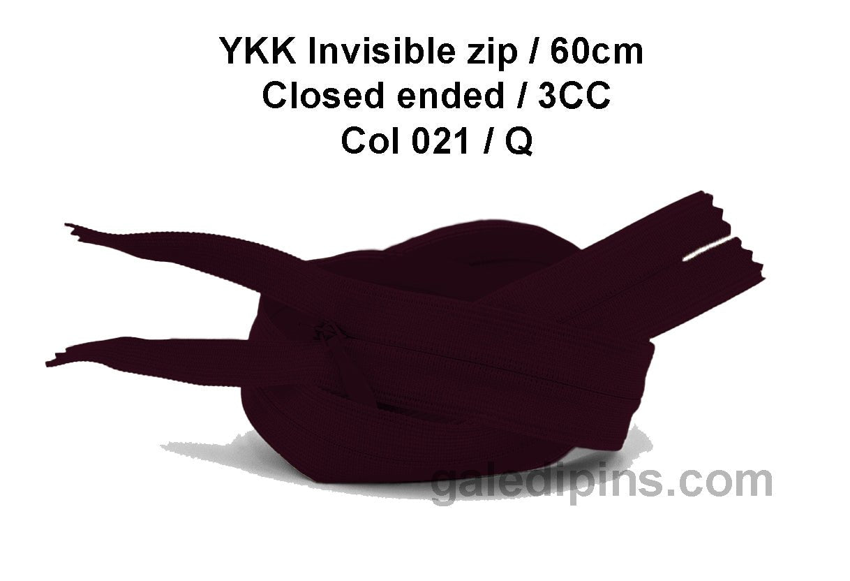 YKK Closed Ended Invisible 60cm Zip, 3cc - SHADE CARD P to T - Galedi Pins