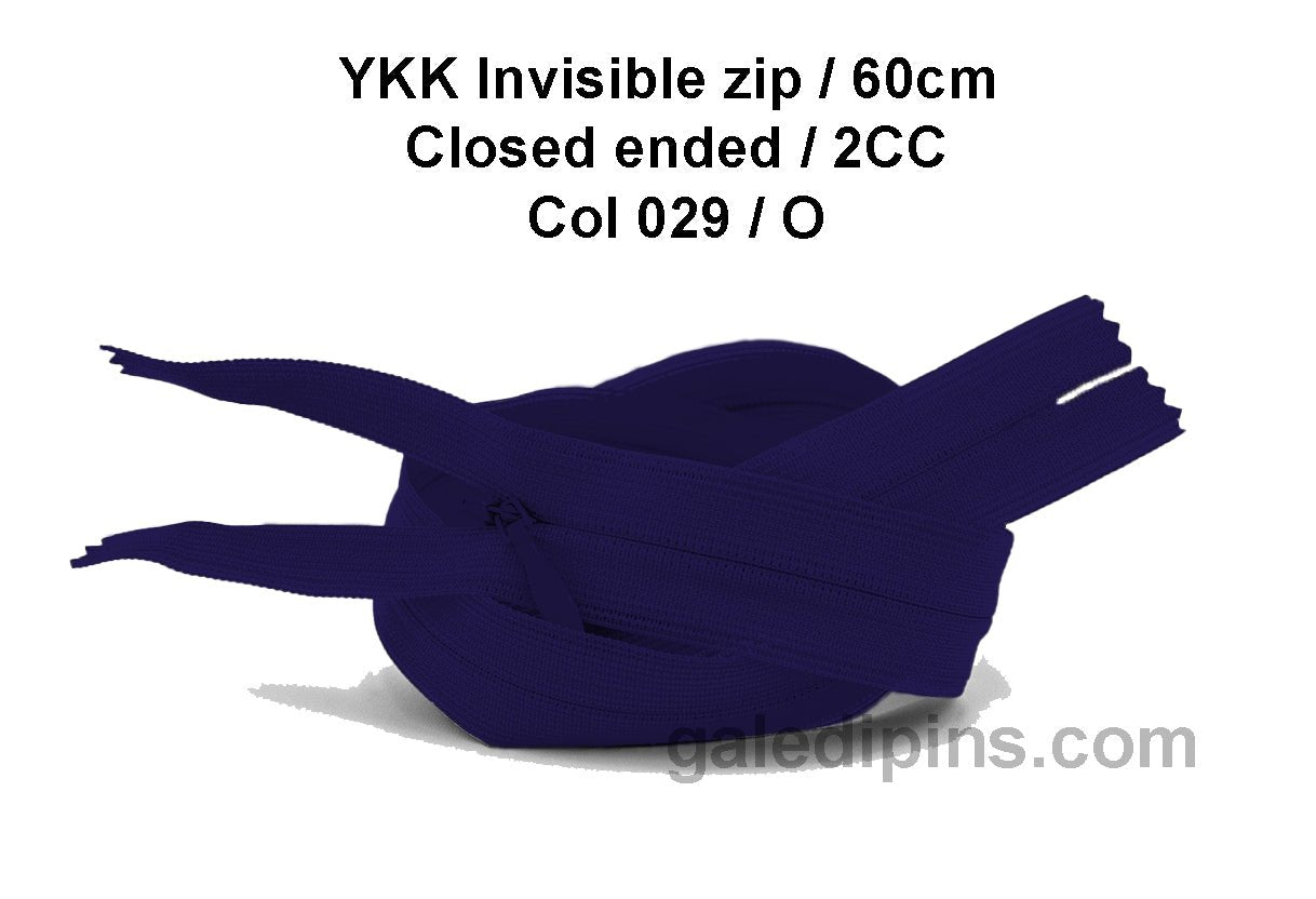 YKK Closed Ended Invisible 60cm Zip, 2cc - SHADE CARD K to O - Galedi Pins