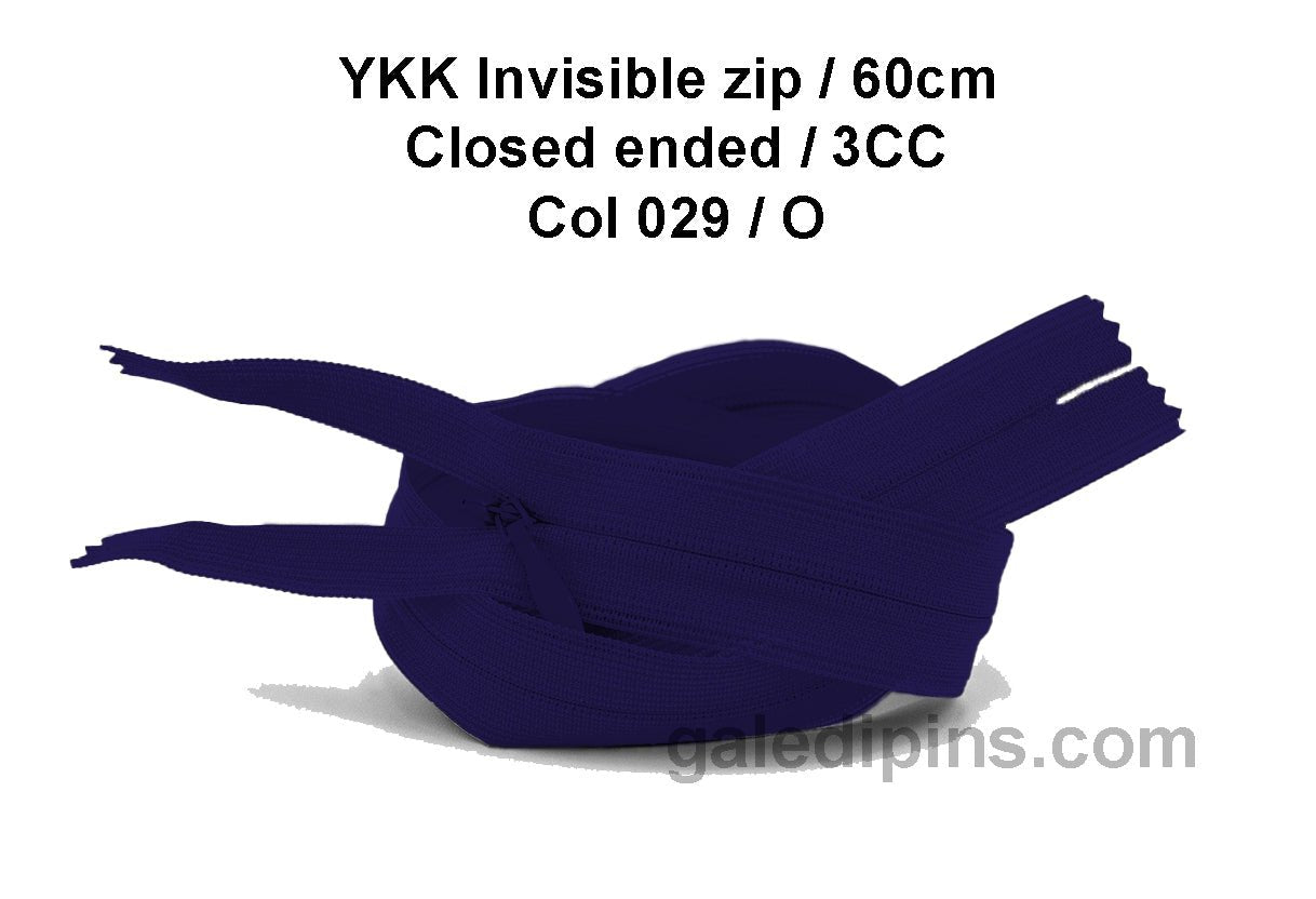 YKK Closed Ended Invisible 60cm Zip, 3cc - SHADE CARD K to O - Galedi Pins