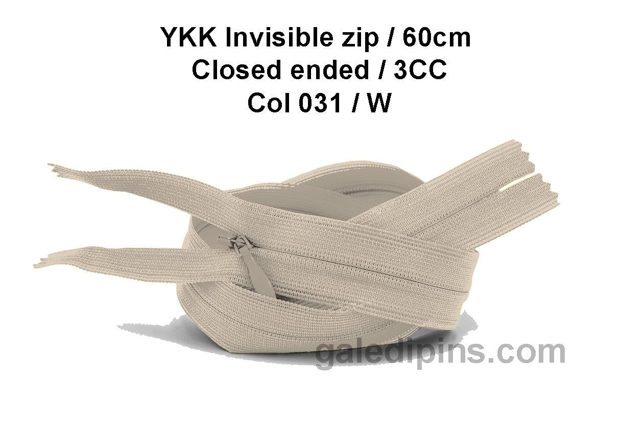 YKK Closed Ended Invisible 60cm Zip, 3cc - SHADE CARD U to Y - Galedi Pins