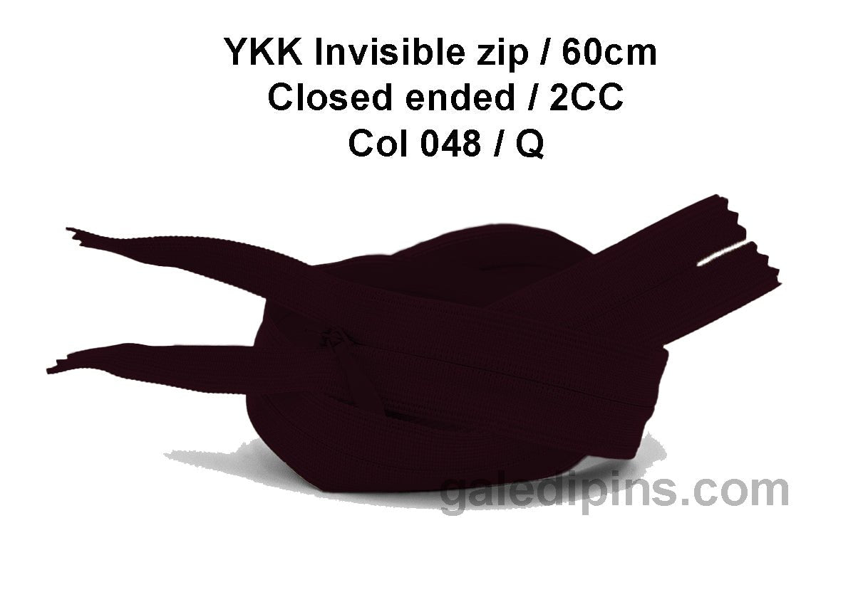 YKK Closed Ended Invisible 60cm Zip, 2cc - SHADE CARD P to T - Galedi Pins