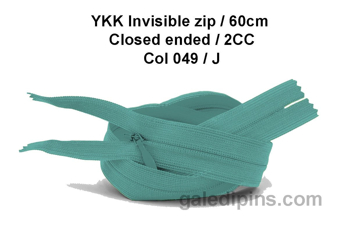 YKK Closed Ended Invisible 60cm Zip, 2cc - SHADE CARD F to J - Galedi Pins