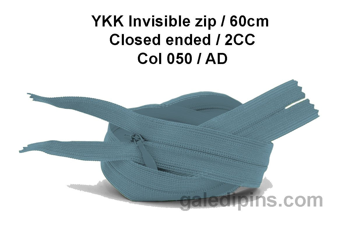 YKK Closed Ended Invisible 60cm Zip, 2cc - SHADE CARD Z to AD - Galedi Pins