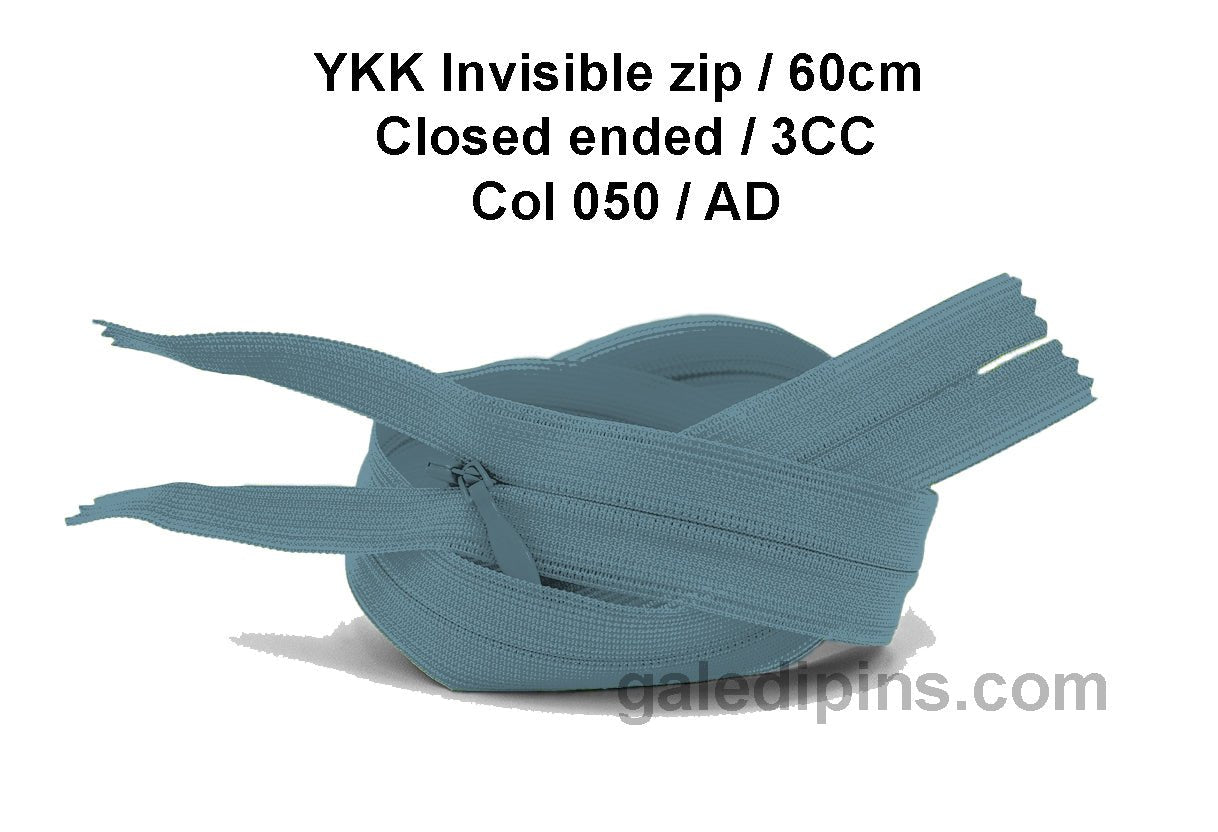 YKK Closed Ended Invisible 60cm Zip, 3cc - SHADE CARD Z to AD - Galedi Pins