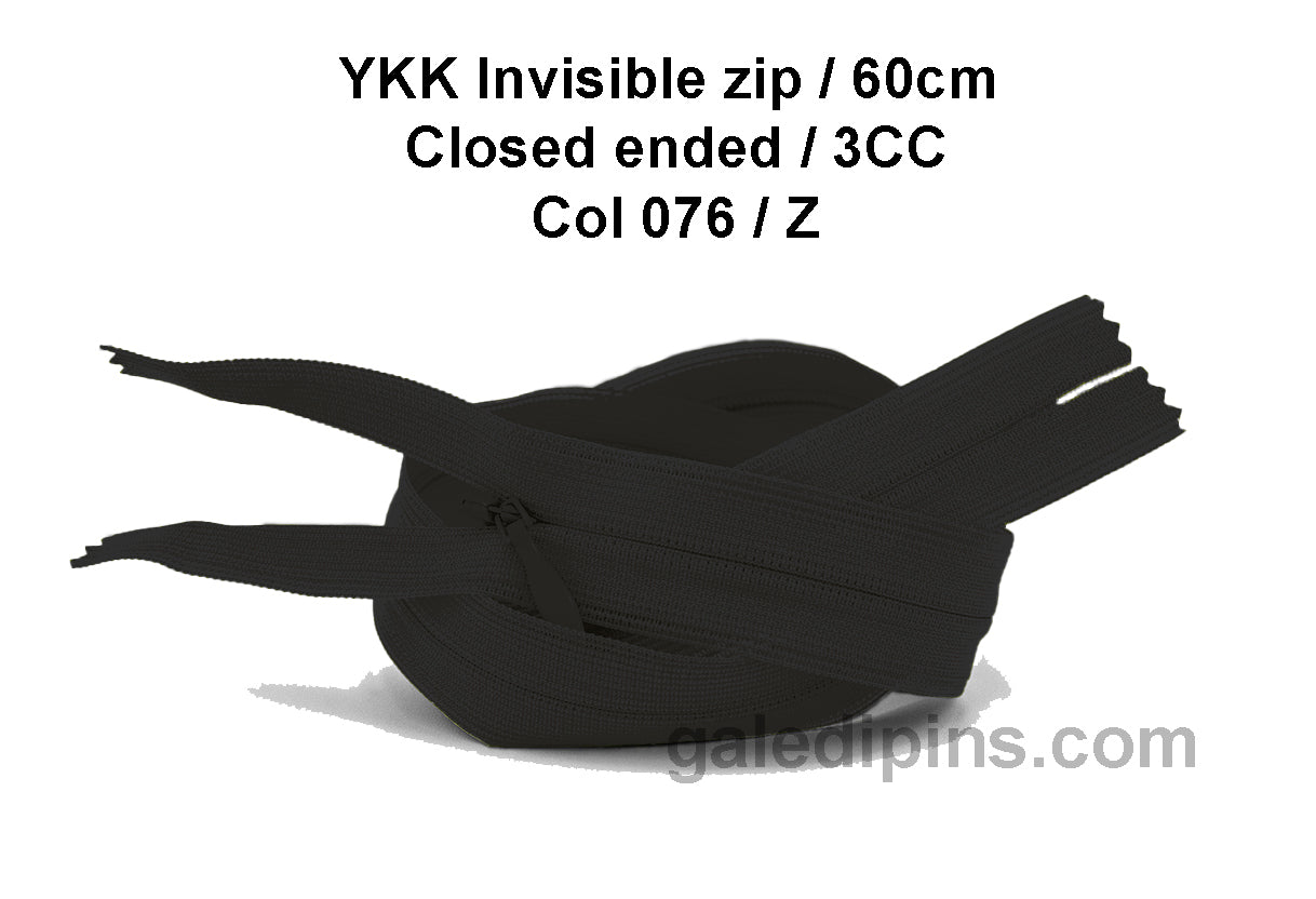 YKK Closed Ended Invisible 60cm Zip, 3cc - SHADE CARD Z to AD - Galedi Pins