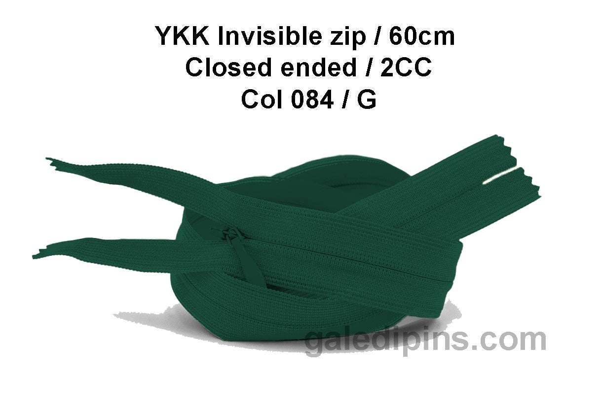 YKK Closed Ended Invisible 60cm Zip, 2cc - SHADE CARD F to J - Galedi Pins