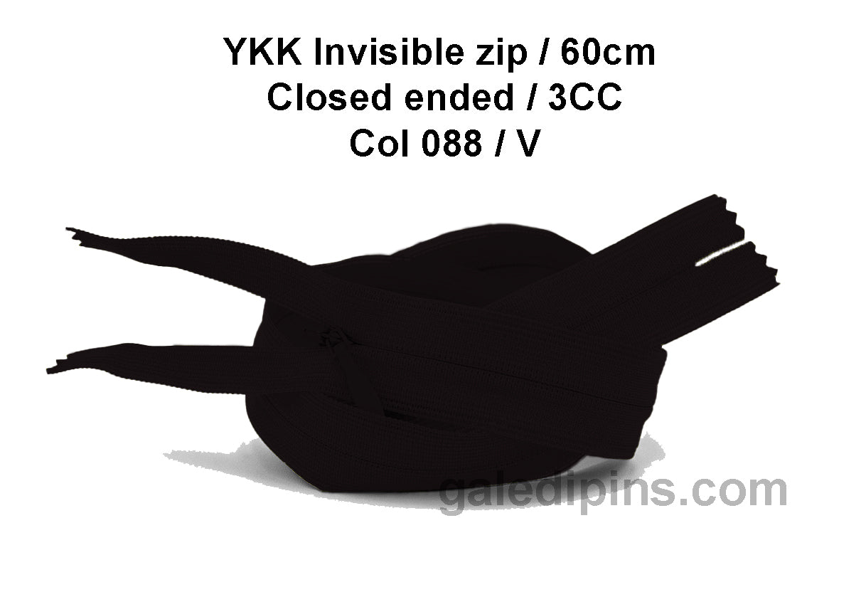 YKK Closed Ended Invisible 60cm Zip, 3cc - SHADE CARD U to Y - Galedi Pins