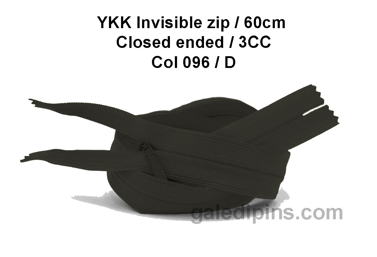 YKK Closed Ended Invisible 60cm Zip, 3cc - SHADE CARD A to E - Galedi Pins