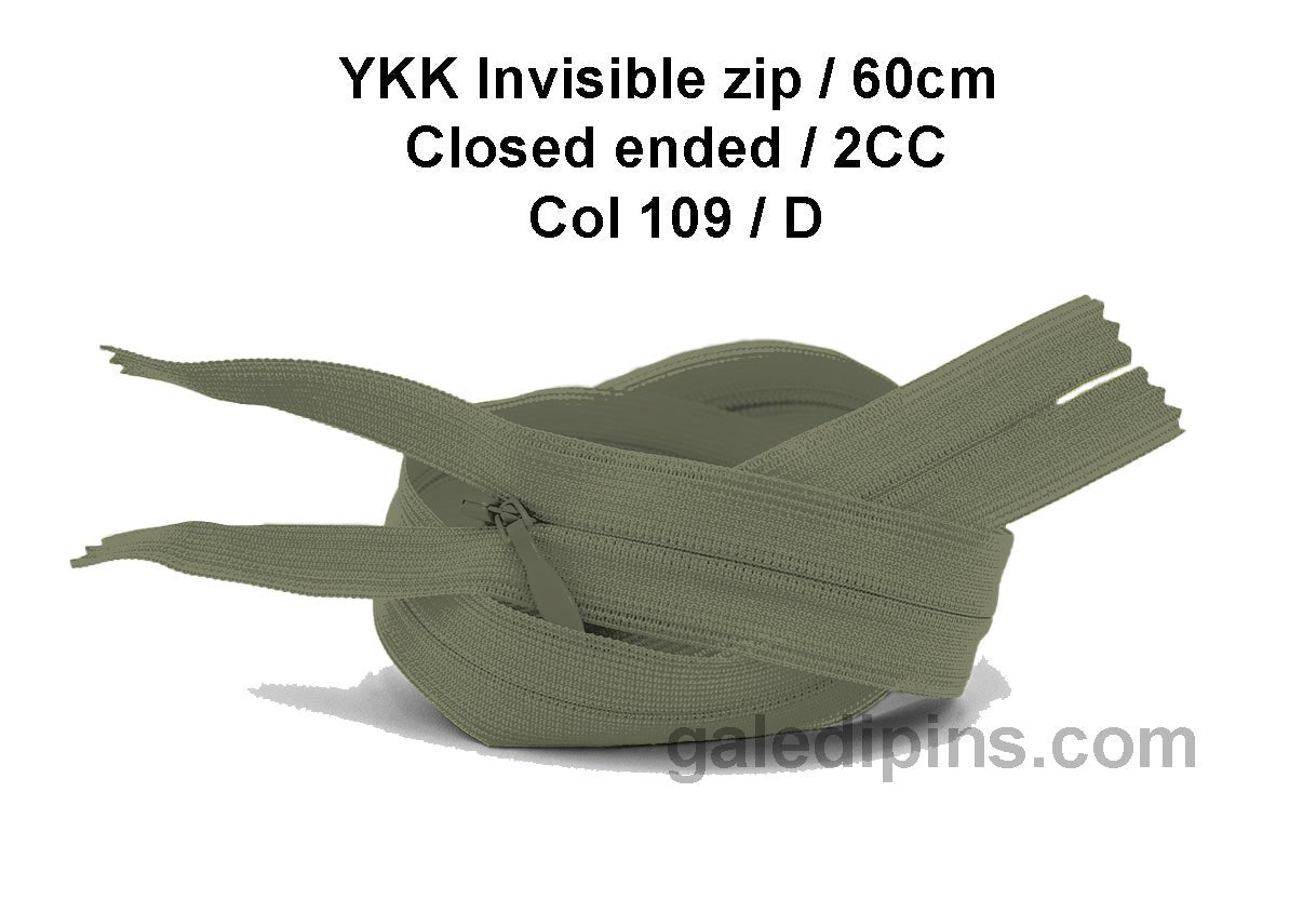 YKK Closed Ended Invisible 60cm Zip, 2cc - SHADE CARD A to E - Galedi Pins