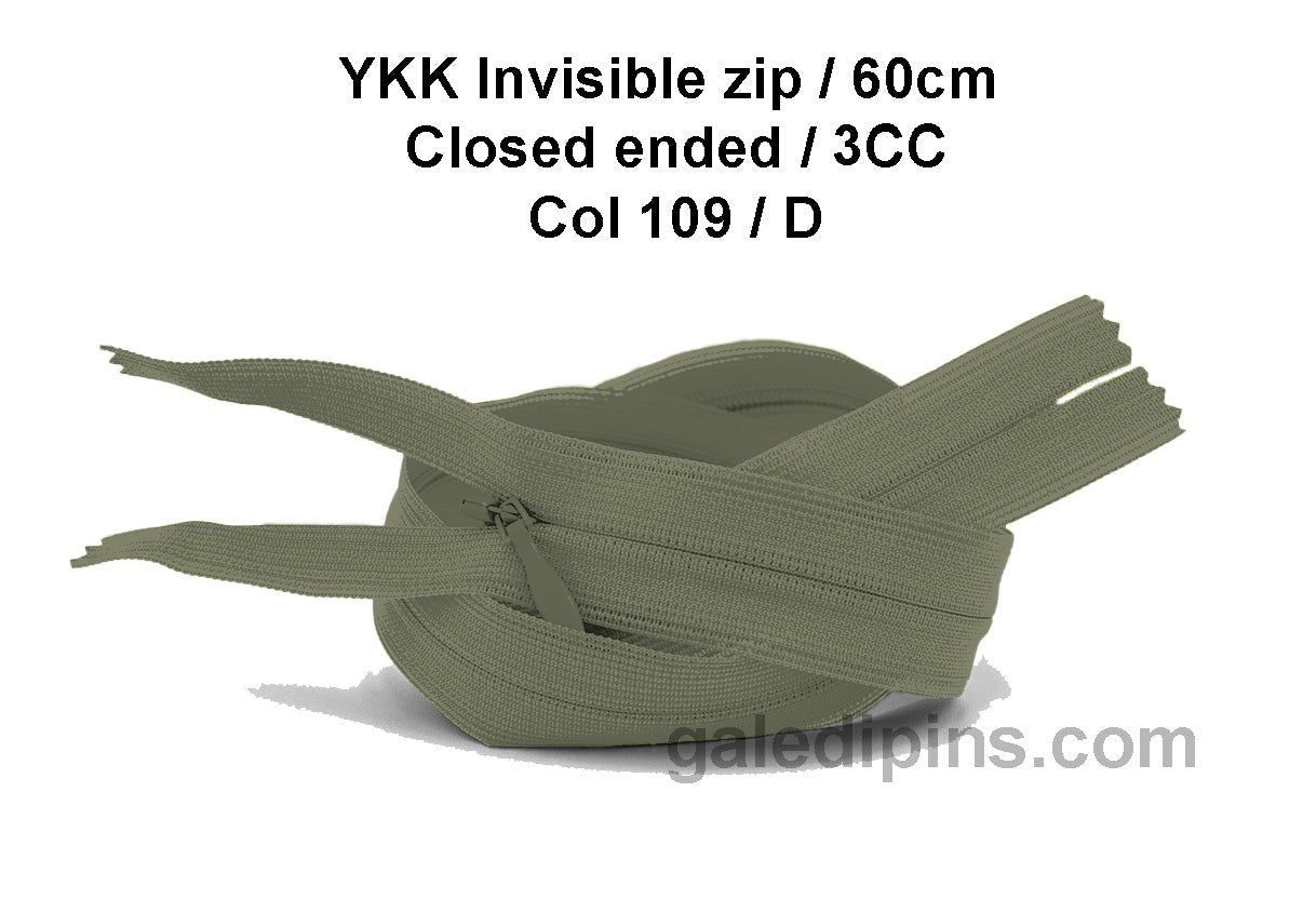 YKK Closed Ended Invisible 60cm Zip, 3cc - SHADE CARD A to E - Galedi Pins