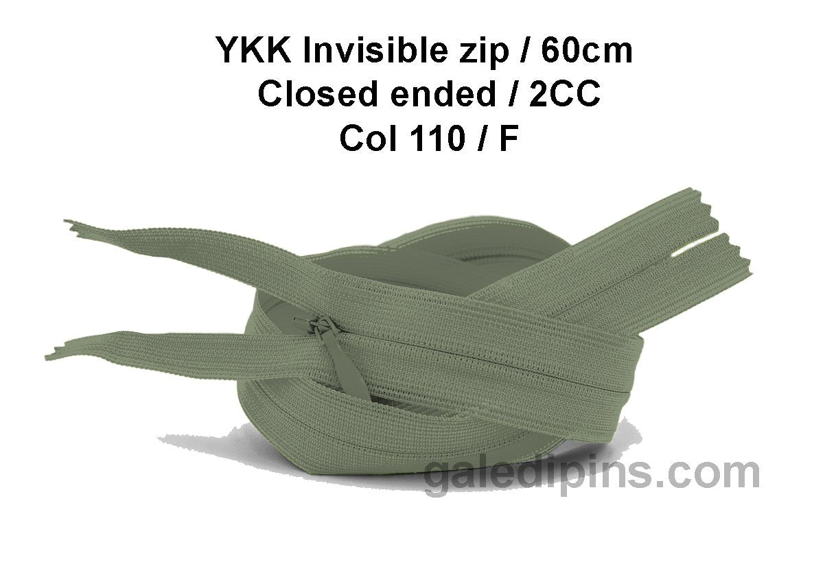 YKK Closed Ended Invisible 60cm Zip, 2cc - SHADE CARD F to J - Galedi Pins