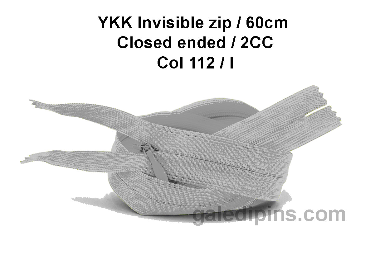 YKK Closed Ended Invisible 60cm Zip, 2cc - SHADE CARD F to J - Galedi Pins
