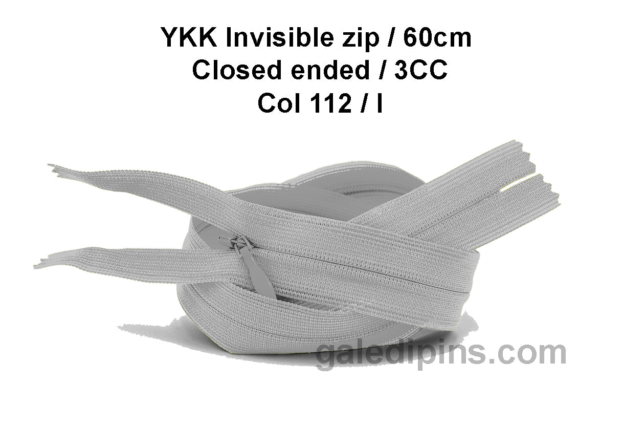 YKK Closed Ended Invisible 60cm Zip, 3cc - SHADE CARD F to J - Galedi Pins
