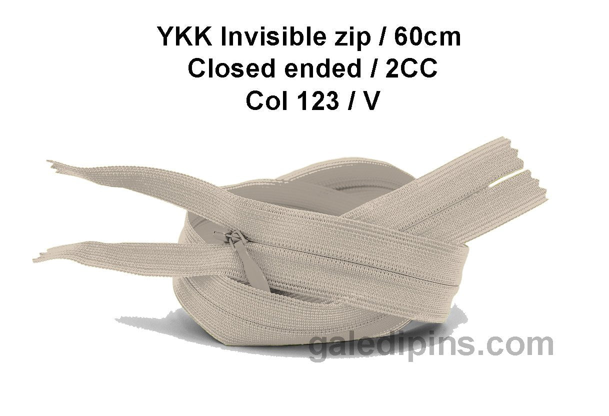 YKK Closed Ended Invisible 60cm Zip, 2cc - SHADE CARD U to Y - Galedi Pins