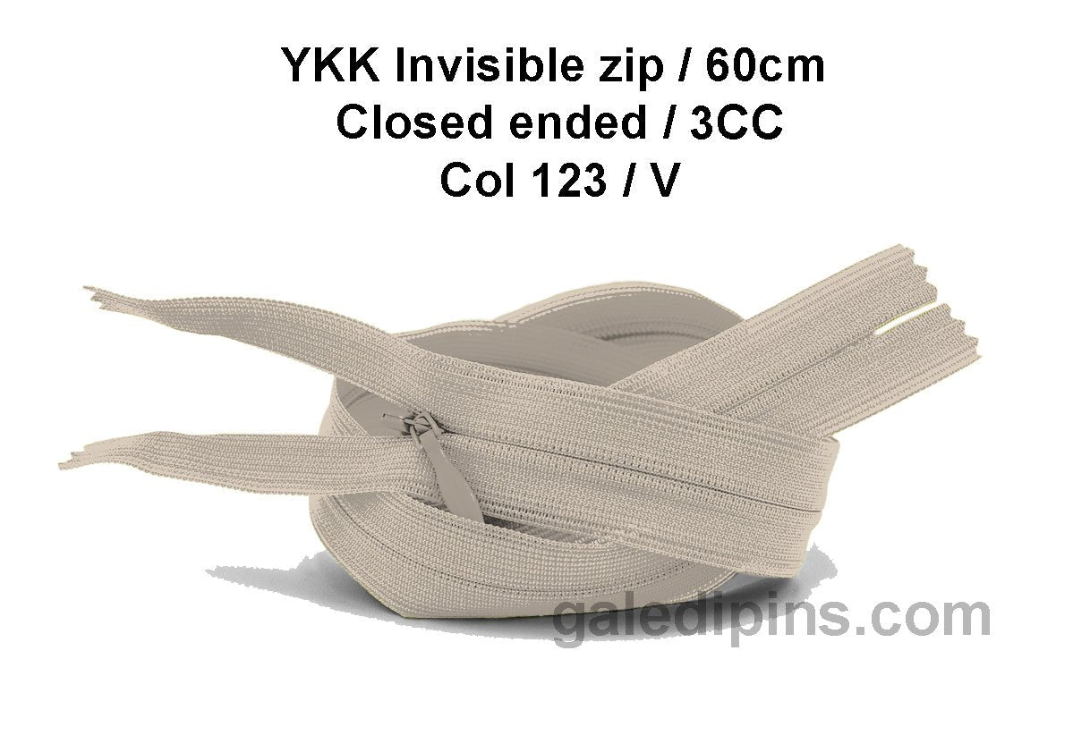 YKK Closed Ended Invisible 60cm Zip, 3cc - SHADE CARD U to Y - Galedi Pins
