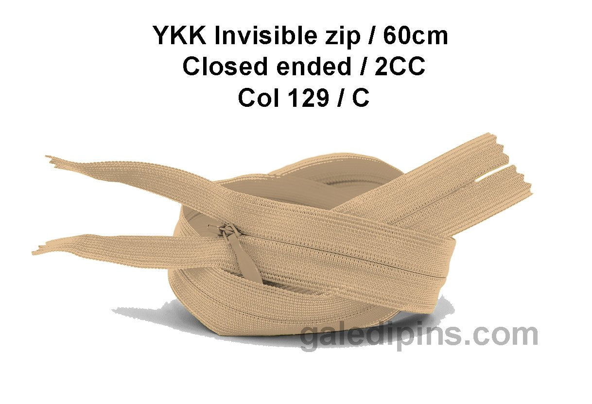 YKK Closed Ended Invisible 60cm Zip, 2cc - SHADE CARD A to E - Galedi Pins