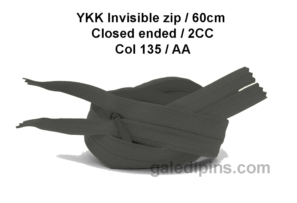 YKK Closed Ended Invisible 60cm Zip, 2cc - SHADE CARD Z to AD - Galedi Pins