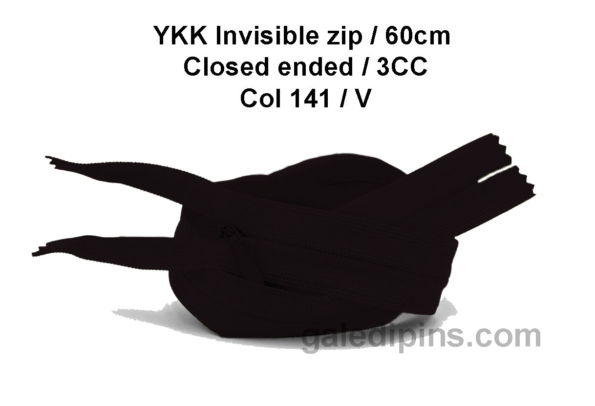 YKK Closed Ended Invisible 60cm Zip, 3cc - SHADE CARD U to Y - Galedi Pins