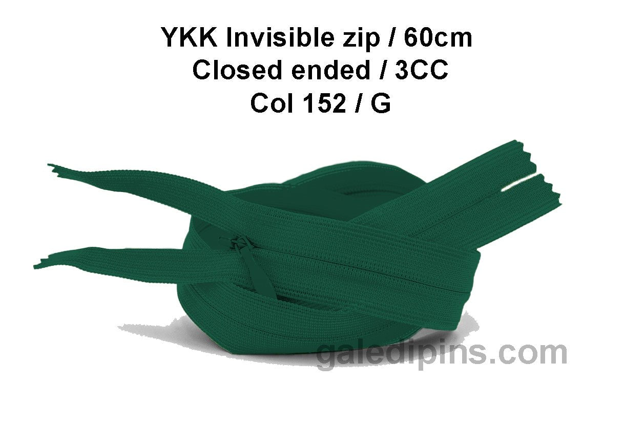 YKK Closed Ended Invisible 60cm Zip, 3cc - SHADE CARD F to J - Galedi Pins
