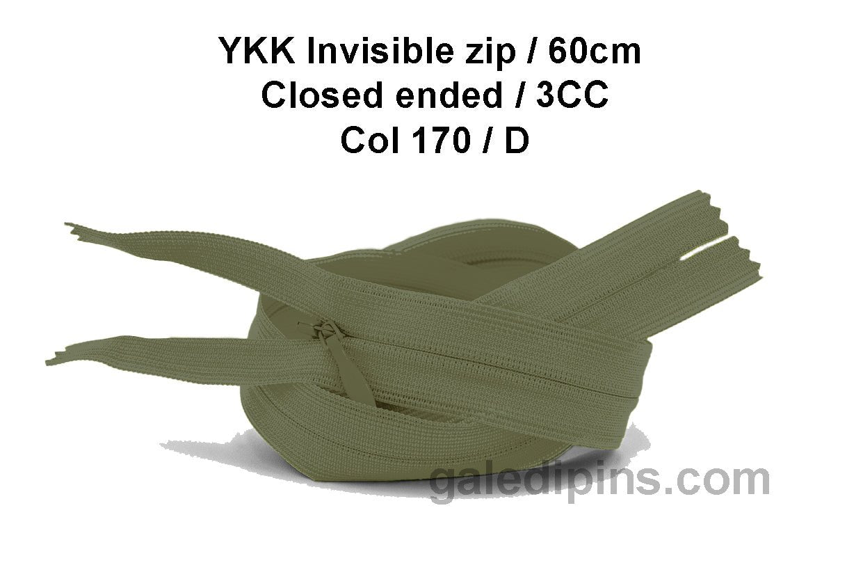 YKK Closed Ended Invisible 60cm Zip, 3cc - SHADE CARD A to E - Galedi Pins