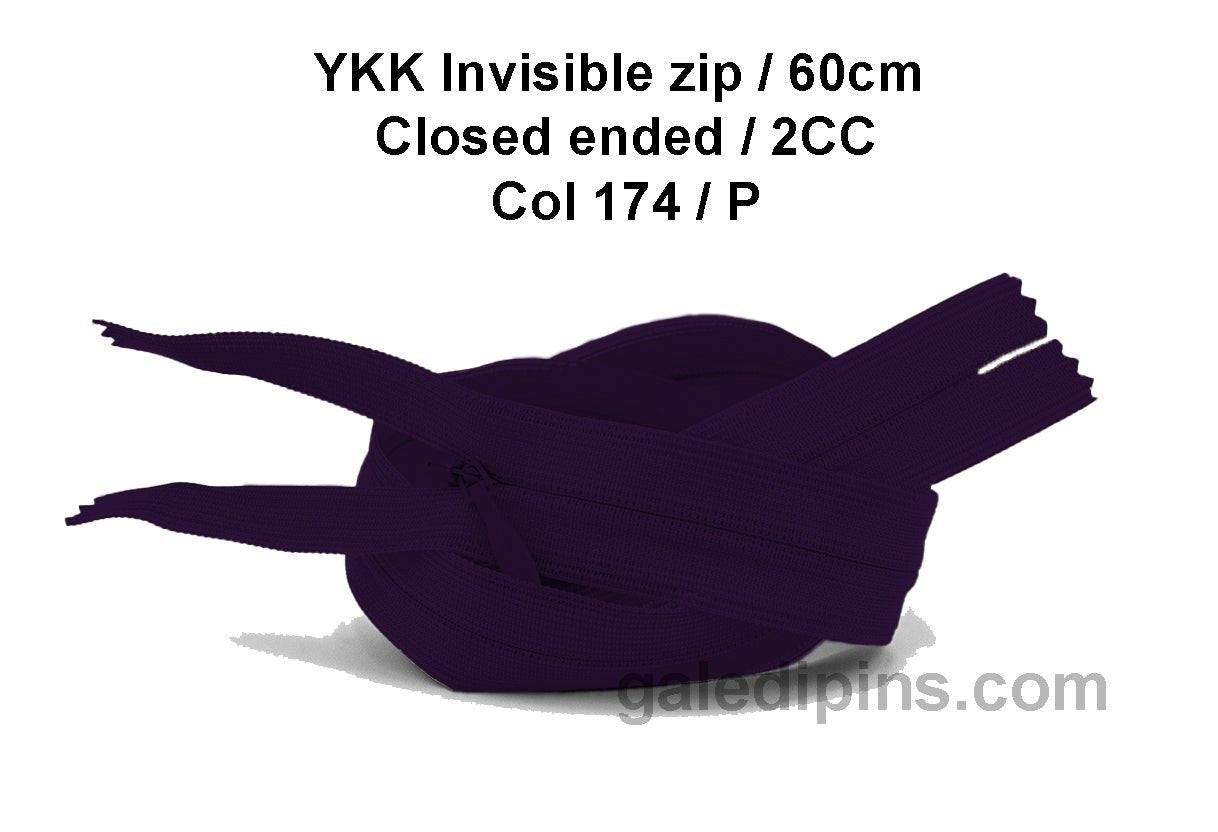 YKK Closed Ended Invisible 60cm Zip, 2cc - SHADE CARD P to T - Galedi Pins