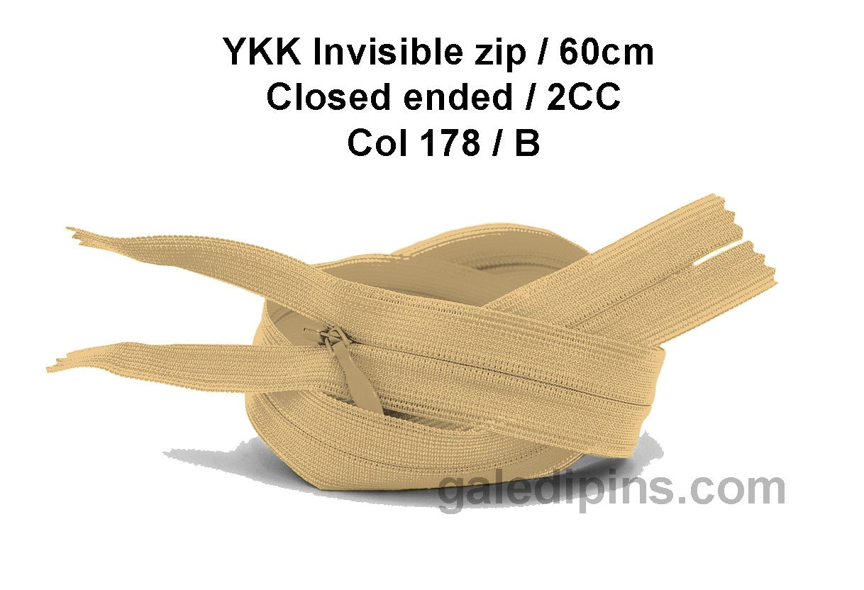 YKK Closed Ended Invisible 60cm Zip, 2cc - SHADE CARD A to E - Galedi Pins