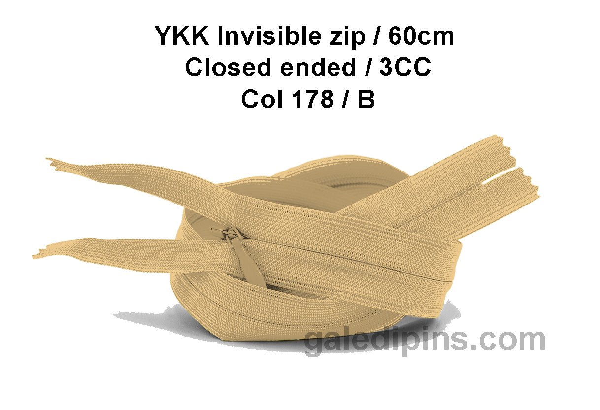 YKK Closed Ended Invisible 60cm Zip, 3cc - SHADE CARD A to E - Galedi Pins