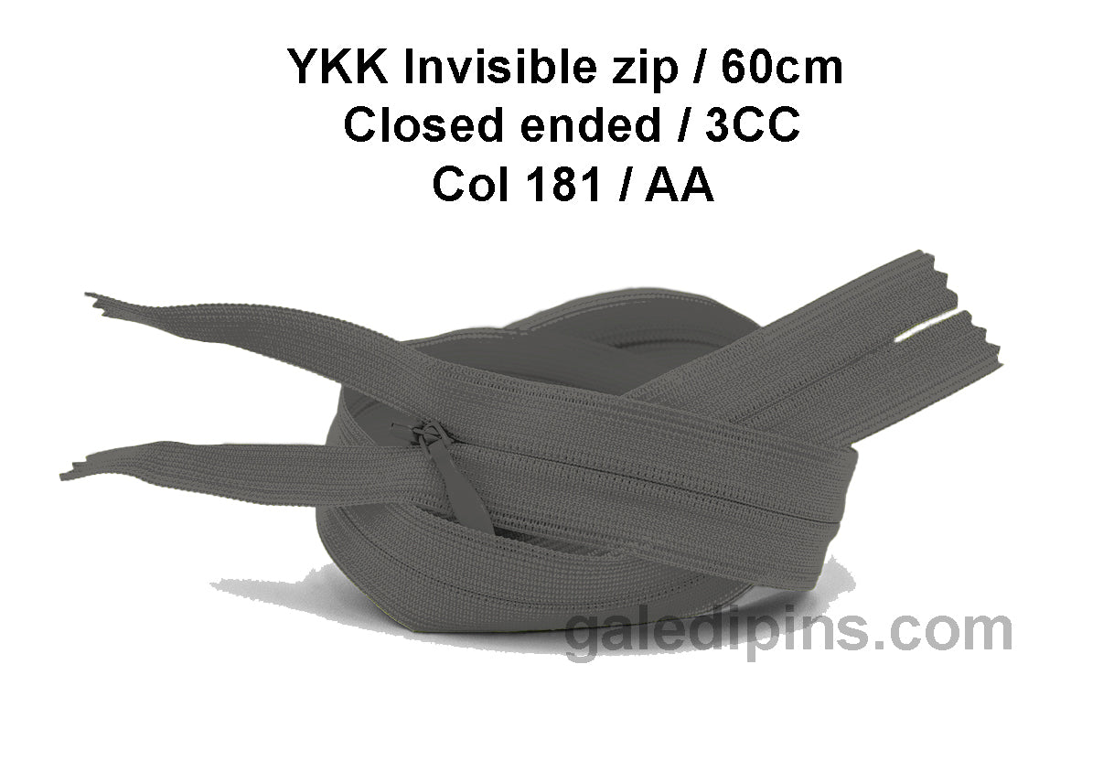 YKK Closed Ended Invisible 60cm Zip, 3cc - SHADE CARD Z to AD - Galedi Pins