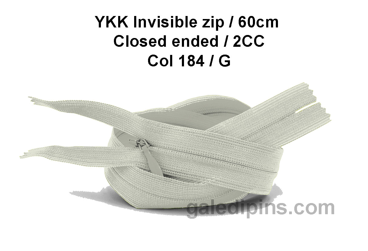 YKK Closed Ended Invisible 60cm Zip, 2cc - SHADE CARD F to J - Galedi Pins