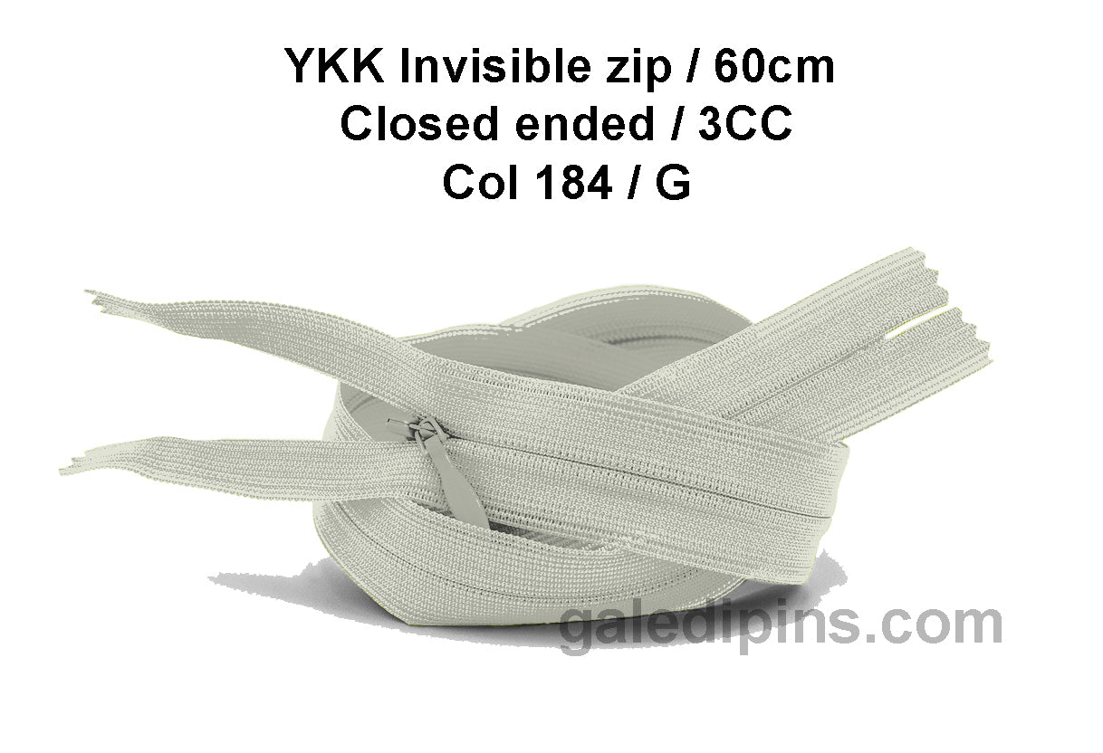 YKK Closed Ended Invisible 60cm Zip, 3cc - SHADE CARD F to J - Galedi Pins